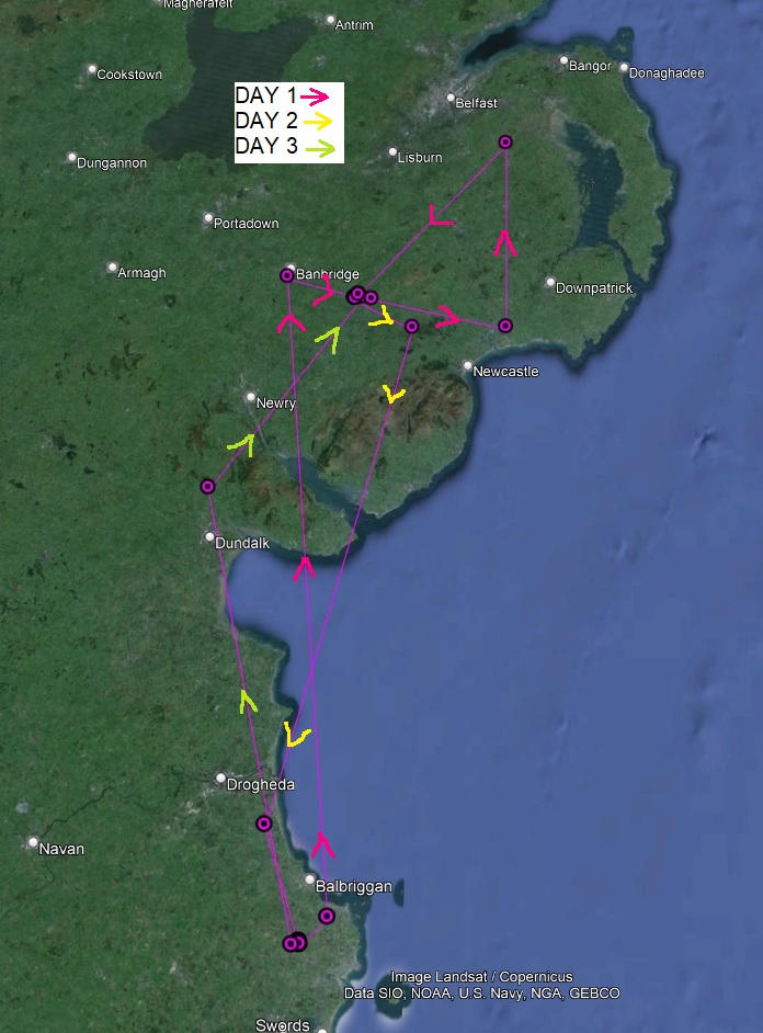 Map showing the tracks of red kite 9G, when she leaves Co. Dublin and travels to Co.Down and back to Co. Dublin, then back to Co.Down again over three days in March 2024