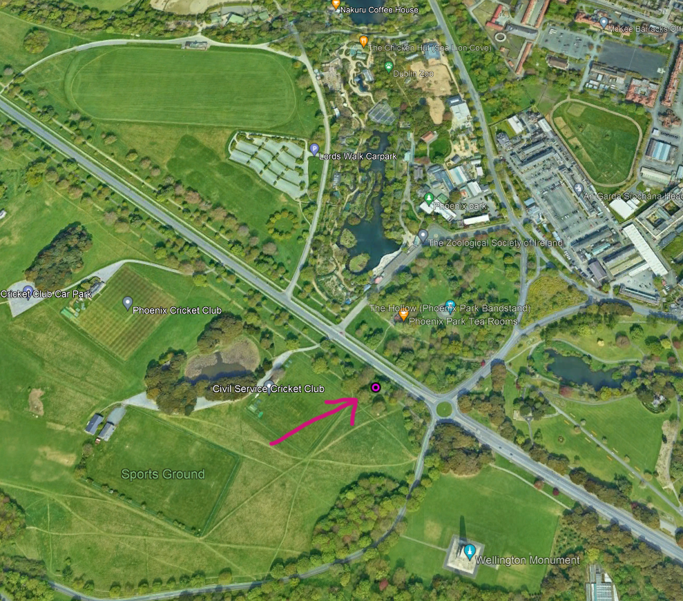 An aerial map of Phoenix park in Dublin with a data point from 9G's satellite transmitter close to Dublin Zoo.