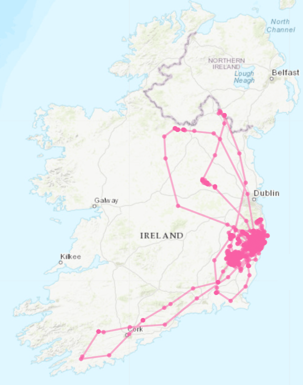 Map of Ireland with a network of pink lines and dots indicating routes and locations.